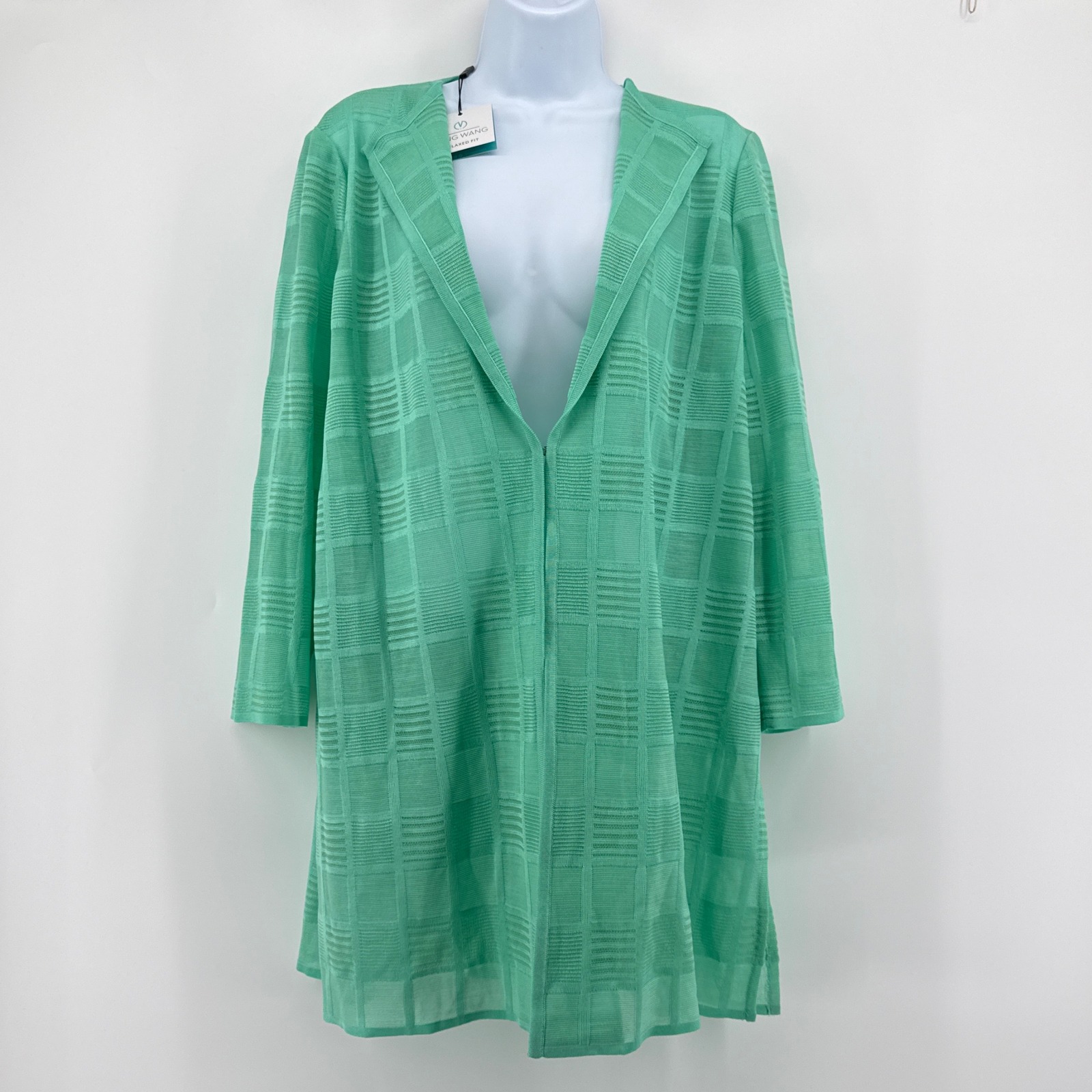 Ming Wang Mint Green Plaid Grid Knit Longline Cardigan Jacket Nwt Large Travel